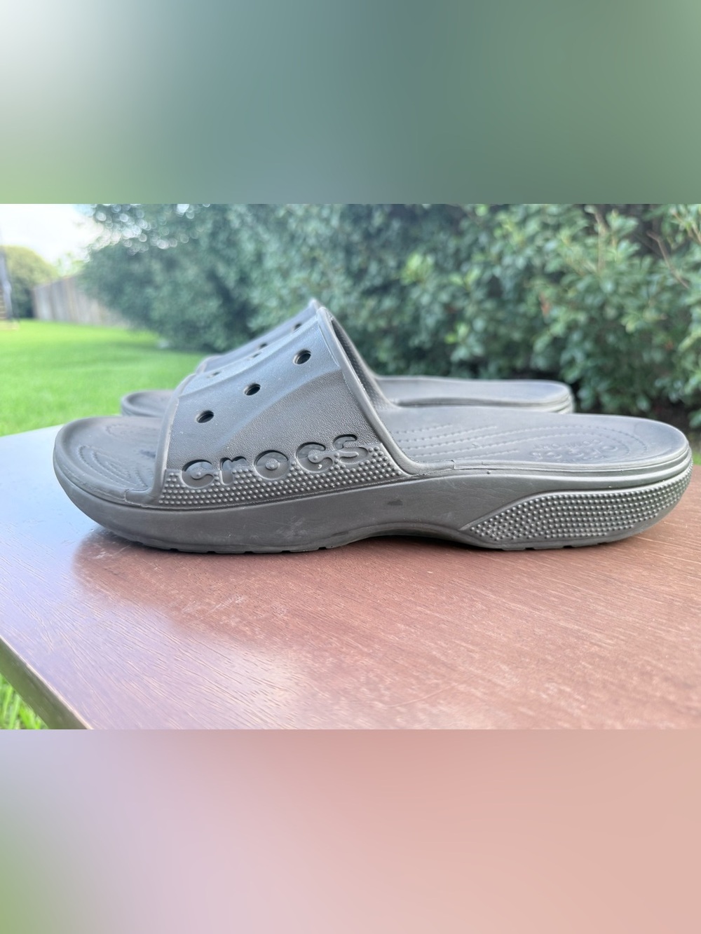 CROCS Black Slide Sandals with Jibbitz Logo size 13 men’s - Picture 7 of 8